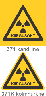 Kiirgusoht (tekstiga). Radioaktiivne aine. Radioaktiivset ainet sisaldav seade. Radioaktiivsest ohutus teavitav märgis (ART371).