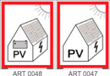Päikesepaneelide liitumiskilp ja päikesepatareide tähistus (100x150mm KAITSEKILEGA). Päikesepaneelid katuseel ART0047, päikesepaneelide liitumiskilp ART0048.