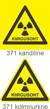 Kiirgusoht (tekstiga). Radioaktiivne aine. Radioaktiivset ainet sisaldav seade. Radioaktiivsest ohutus teavitav märgis.