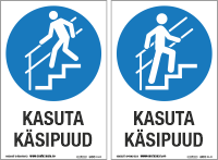 Kasuta käsipuud (tekstiga). Kaks valikut trepist alla kõndiv inimene ja trepist üles kõndiv inimene.