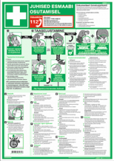 Esmaabiplakat "Juhised esmaabi osutamisel" eesti- ja vene-, ingliskeelsed variandid. First Aid Guide poster.