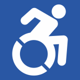 Ratastoolis liikujale ligipääsetav, reserveeritud ratastoolis liikujale (AIP) sinine taust valge kujutis.