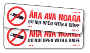 Ära ava noaga. Do not open with a knife. Pakendi markeerimise kleebis (80x25mm). 