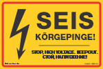 Seis kõrgepinge! (300x200mm KAITSEKILEGA). Kolmekeelne elektriohutusmärgis. Elektrioht.