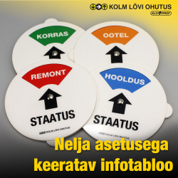 Nelja valikuga keeratav teavitussilt staatuse infoga (KORRAS, OOTEL, REMONT, HOOLDUS). Nelja asetusega keeratav infotabloo.