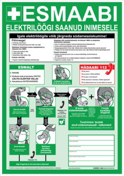 Esmaabiplakat "Esmaabi elektrilöögi saanud inimesele" eesti, vene ja inglise keeles