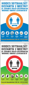 Hoides sotsiaalset distantsi 2m ja järgides head kätehügieeni... Poster teavitamaks sotsiaalse distantsi vajadusest.