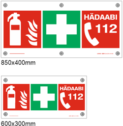 Ohutusmärkide trio (HÄDAABI TELEFON, ESMAABI VAHENDID, TULEKUSTUTI).