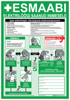 Esmaabiplakat "Esmaabi elektrilöögi saanud inimesele" eesti, vene ja inglise keeles