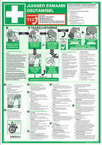 Esmaabiplakat "Juhised esmaabi osutamisel" eesti, vene ja inglise keeles. First Aid Guide poster.